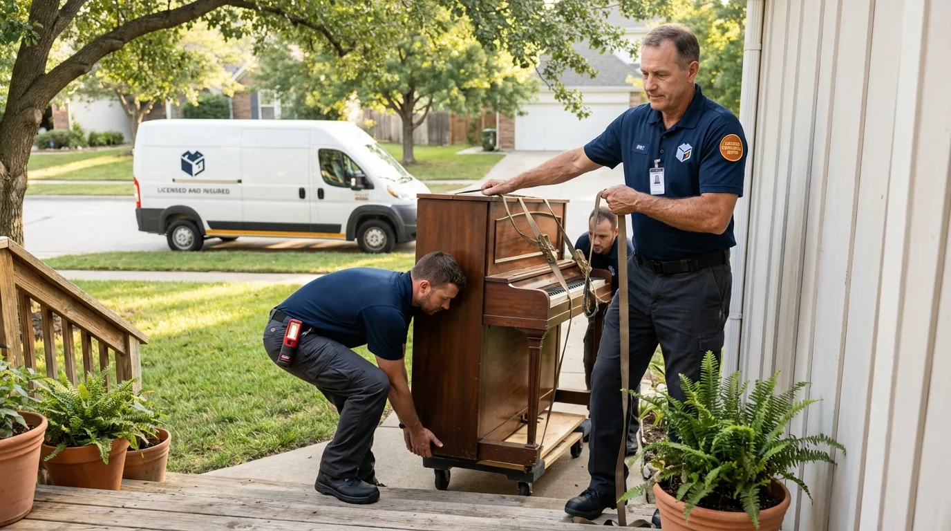 Licensed piano movers securing grand piano in Brookville, IN
