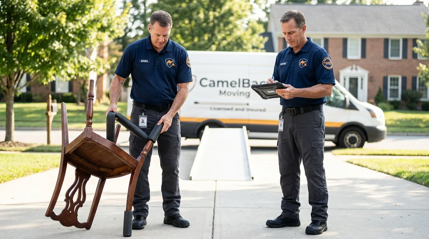 Movers inspecting furniture for damage prevention before loading in Brookville, IN