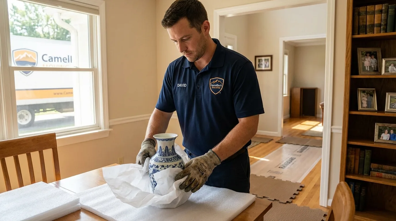 Professional crew carefully wrapping antique vase for senior downsizing move in Brookville, IN